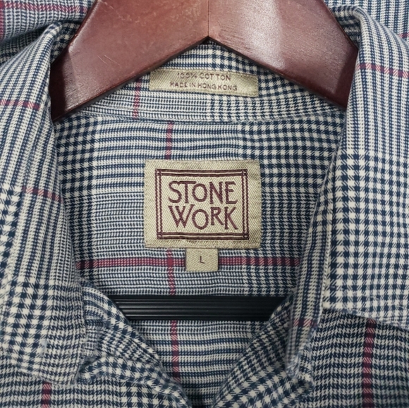 Stone Work Vintage Men's Navy White Red Plaid Button Down Dress Shirt - Picture 13 of 14